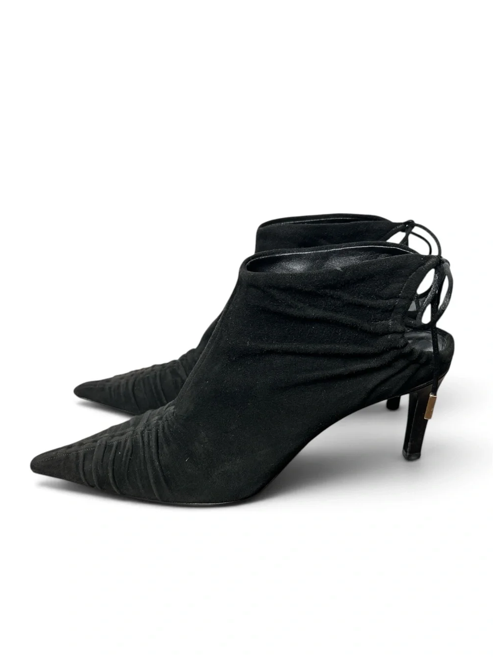 Gucci Tom Ford 2004 Runway Black Suede Ruched Ankle Booties Tie Back Size 7